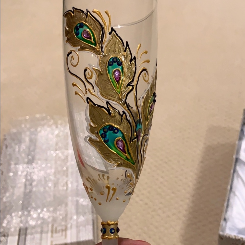 New Hand painted peacock champagne flutes
